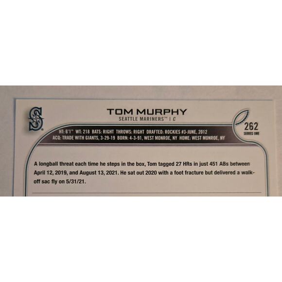 Tom Murphy Seattle Mariners Topps 2022 Baseball Card #262 - Picture 5 of 6